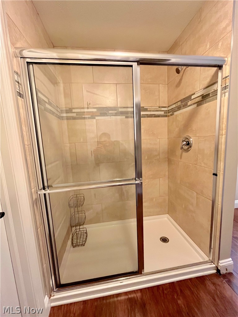 1134 Mayfield Ridge Road Cleveland, OH 44124 - Photo 22 of 41 Bathroom featuring a shower with shower door and hardwood / wood-style floors