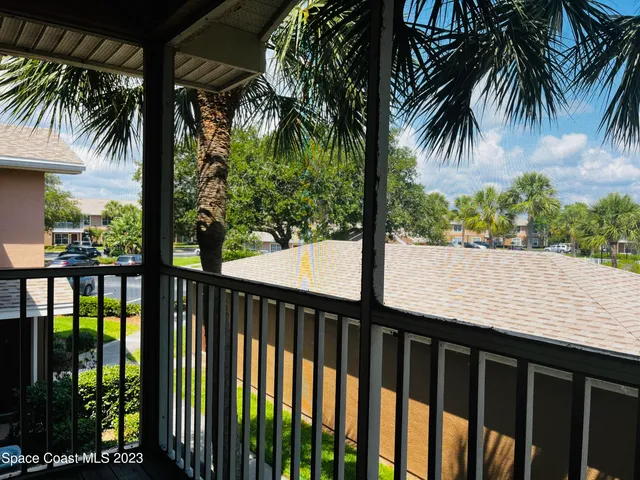 a view of balcony with floor to ceiling window and palm tree