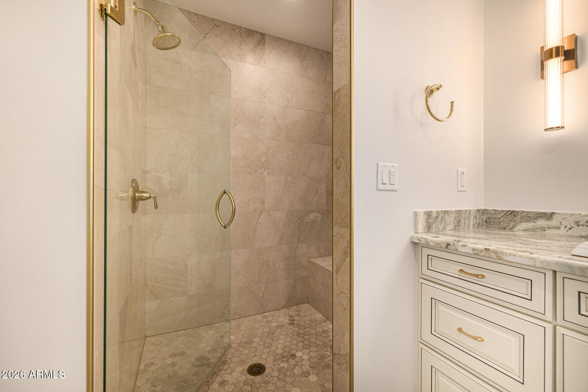 4010 East Coolidge Street Phoenix, AZ 85018 - Photo 40 of 82 a bathroom with a granite countertop shower a mirror and a sink