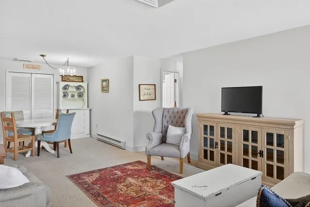 a living room with furniture rug and a window