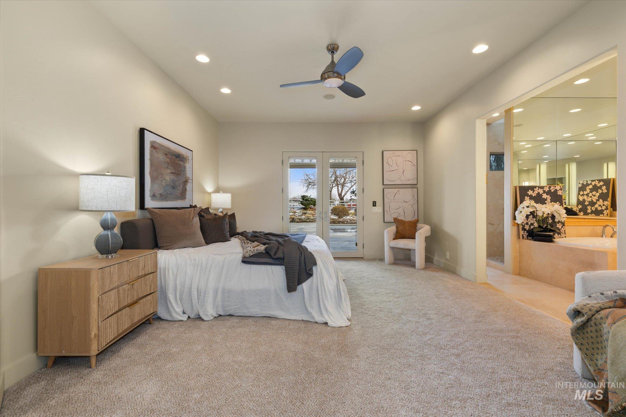 1400 North Razza Way Eagle, ID 83616 - Photo 20 of 50 Bedroom with access to outside, recessed lighting, french doors, carpet floors, and a ceiling fan