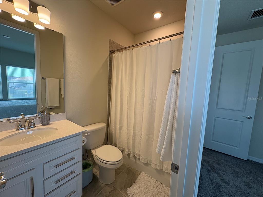 8243 Fenton Street Orlando, FL 32836 - Photo 34 of 35 a bathroom with a sink a toilet a mirror and shower curtain