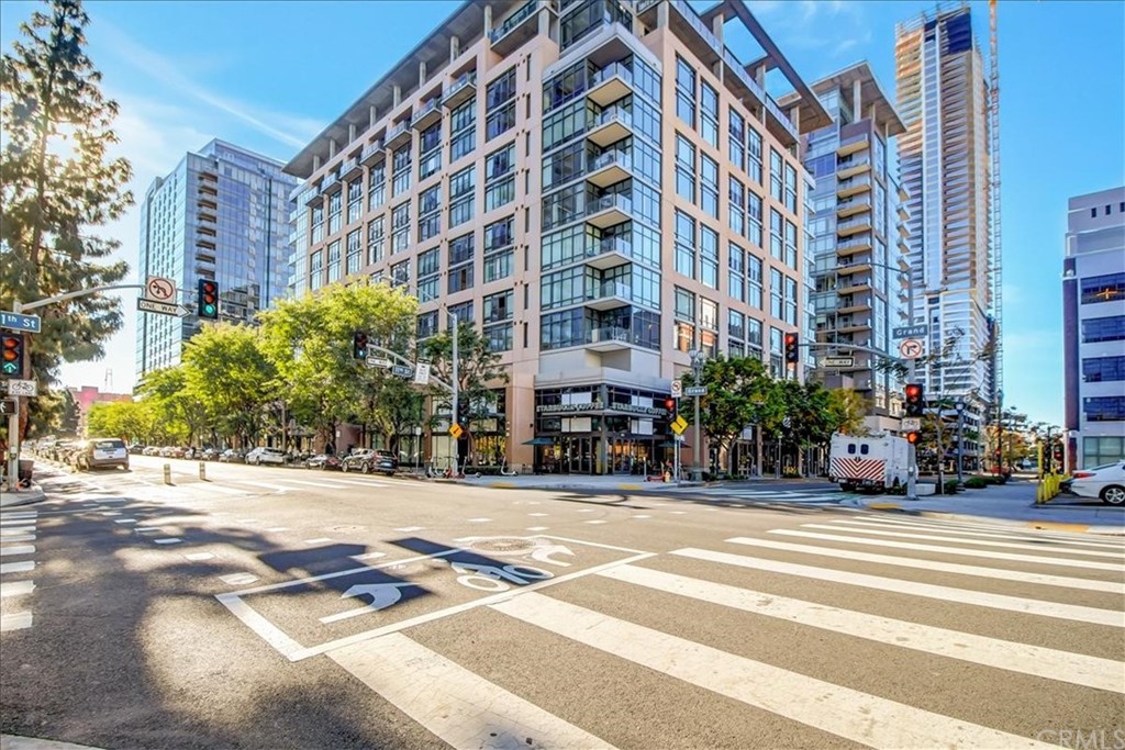 a view of a building with a street