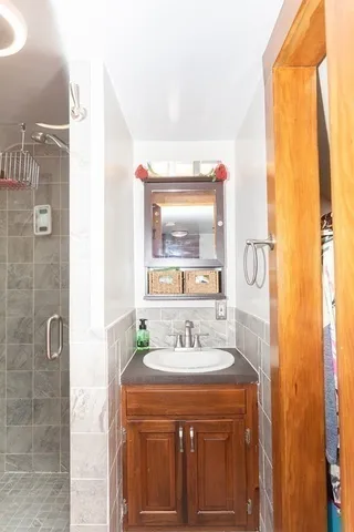 a bathroom with a sink a mirror and a shower