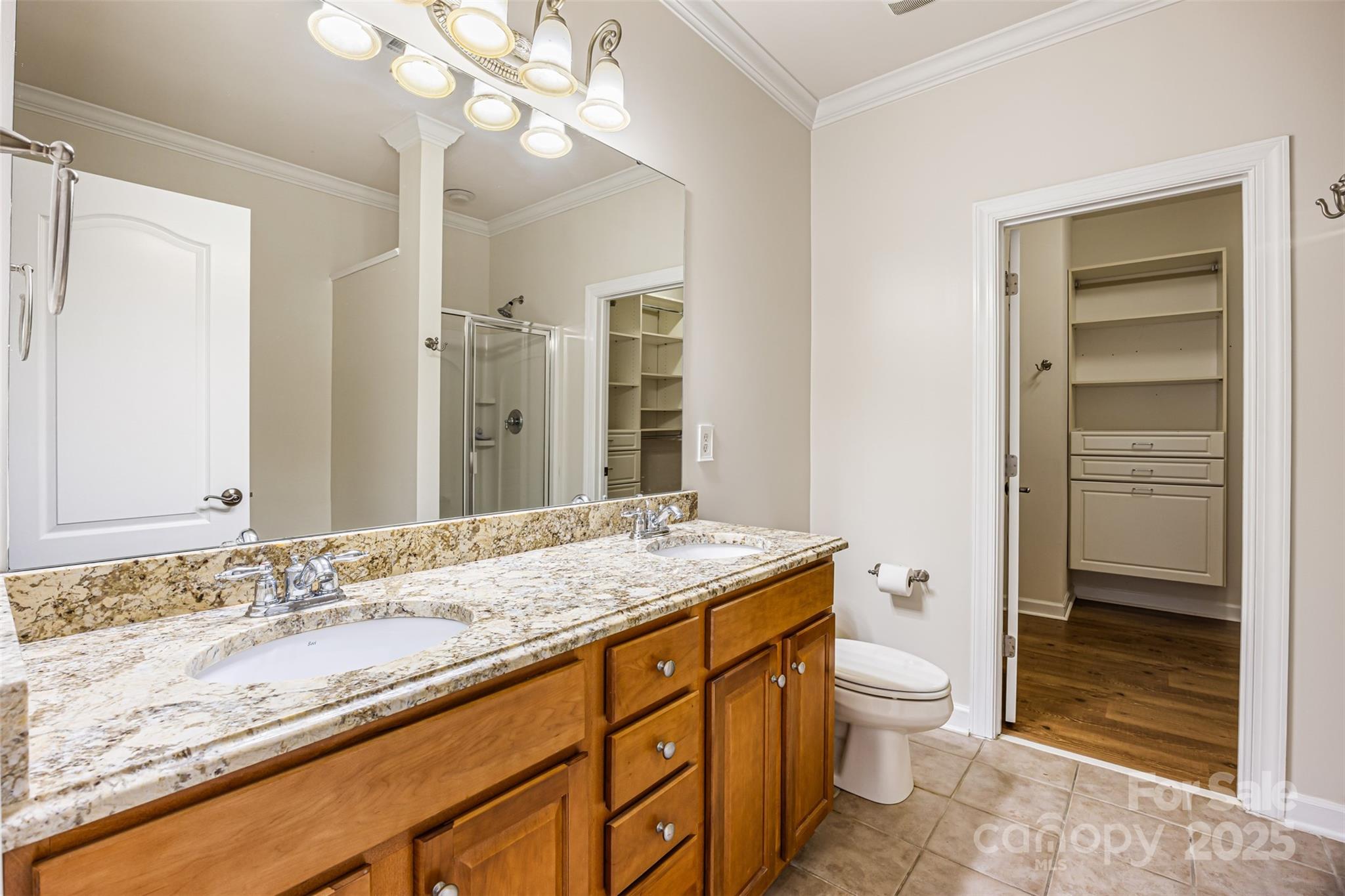 6729 Dusty Saddle Road Charlotte, NC 28277 - Photo 17 of 44 a bathroom with a granite countertop sink a toilet and shower