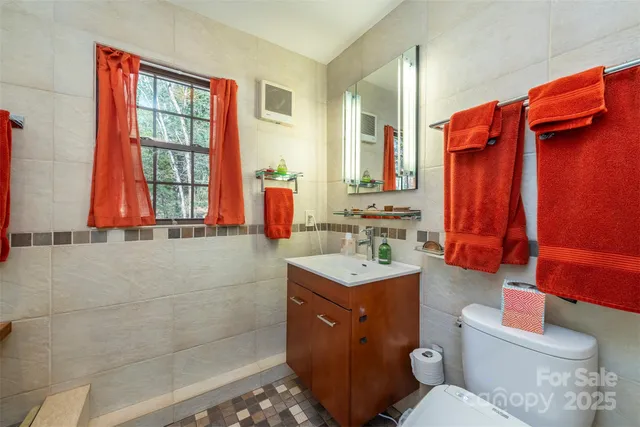 a bathroom with a toilet sink and mirror