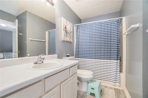 a bathroom with a sink a toilet and mirror