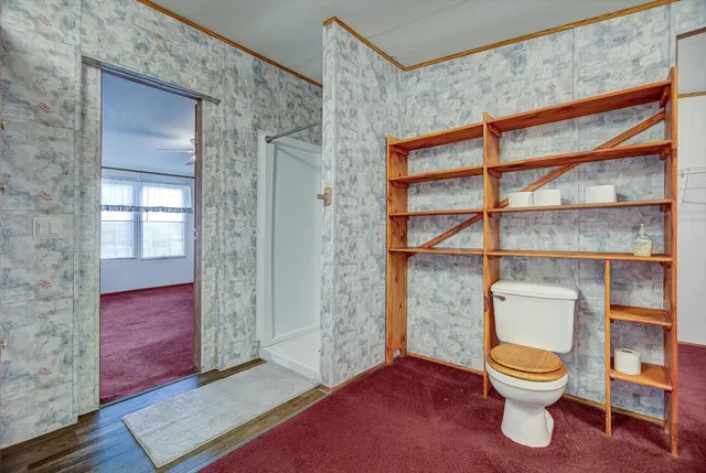 a bathroom with a toilet and a shower