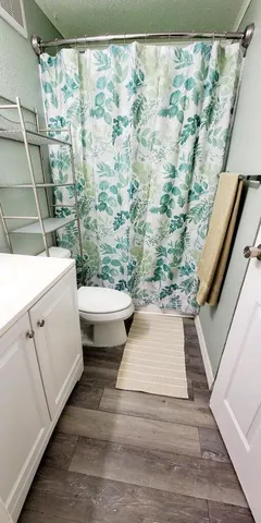 a bathroom with a toilet and a shower
