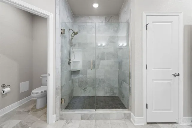 a bathroom with a shower and toilet