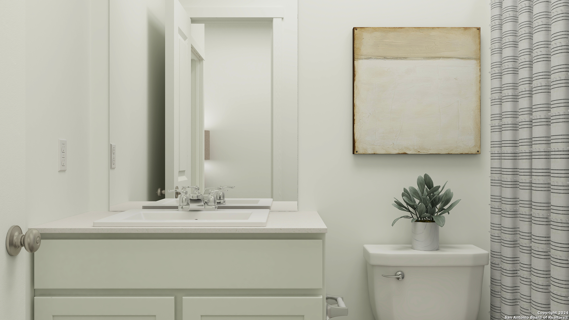 12423 Las Ranas San Antonio, TX 78245 - Photo 2 of 27 a bathroom with a sink a mirror and a potted plant