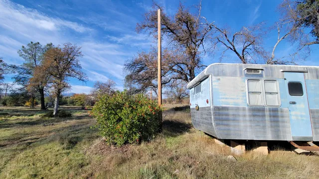 a view of a tall building with large trees