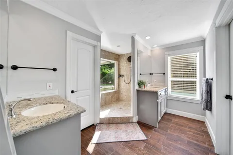 a bathroom with a granite countertop sink mirror and shower