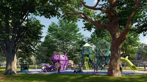 a childrens park with lots of swings and slides