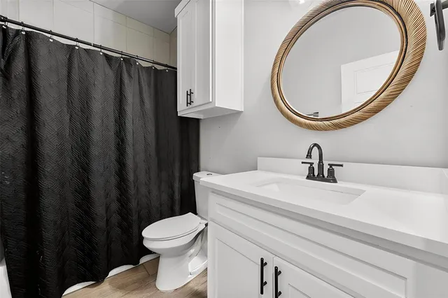 a bathroom with a sink a toilet and a mirror