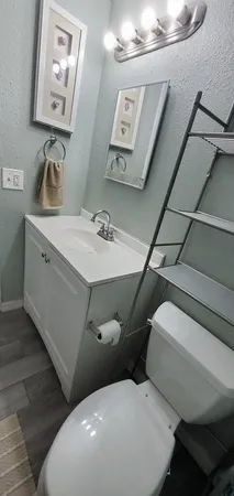 a bathroom with a toilet sink and mirror