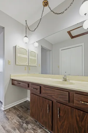 a bathroom with a sink and a mirror