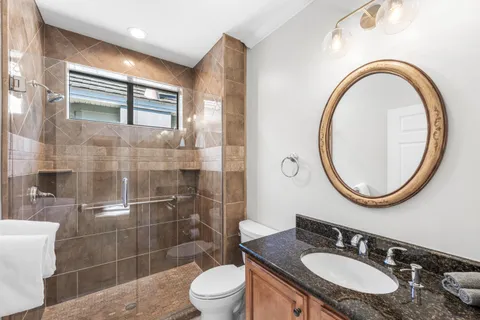 a bathroom with a sink a mirror a toilet and shower