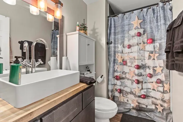 a bathroom with a sink toilet and shower