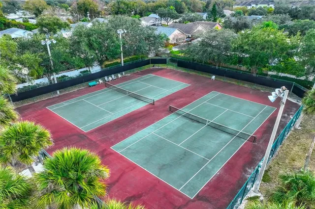 a view of a tennis ground with large trees