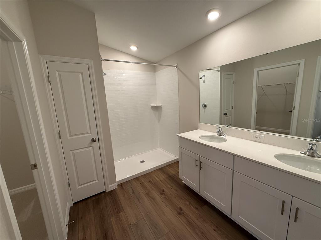 34706 Blossom Fall Path Dade City, FL 33525 - Photo 17 of 27 a bathroom with a double vanity sink and mirror with shower