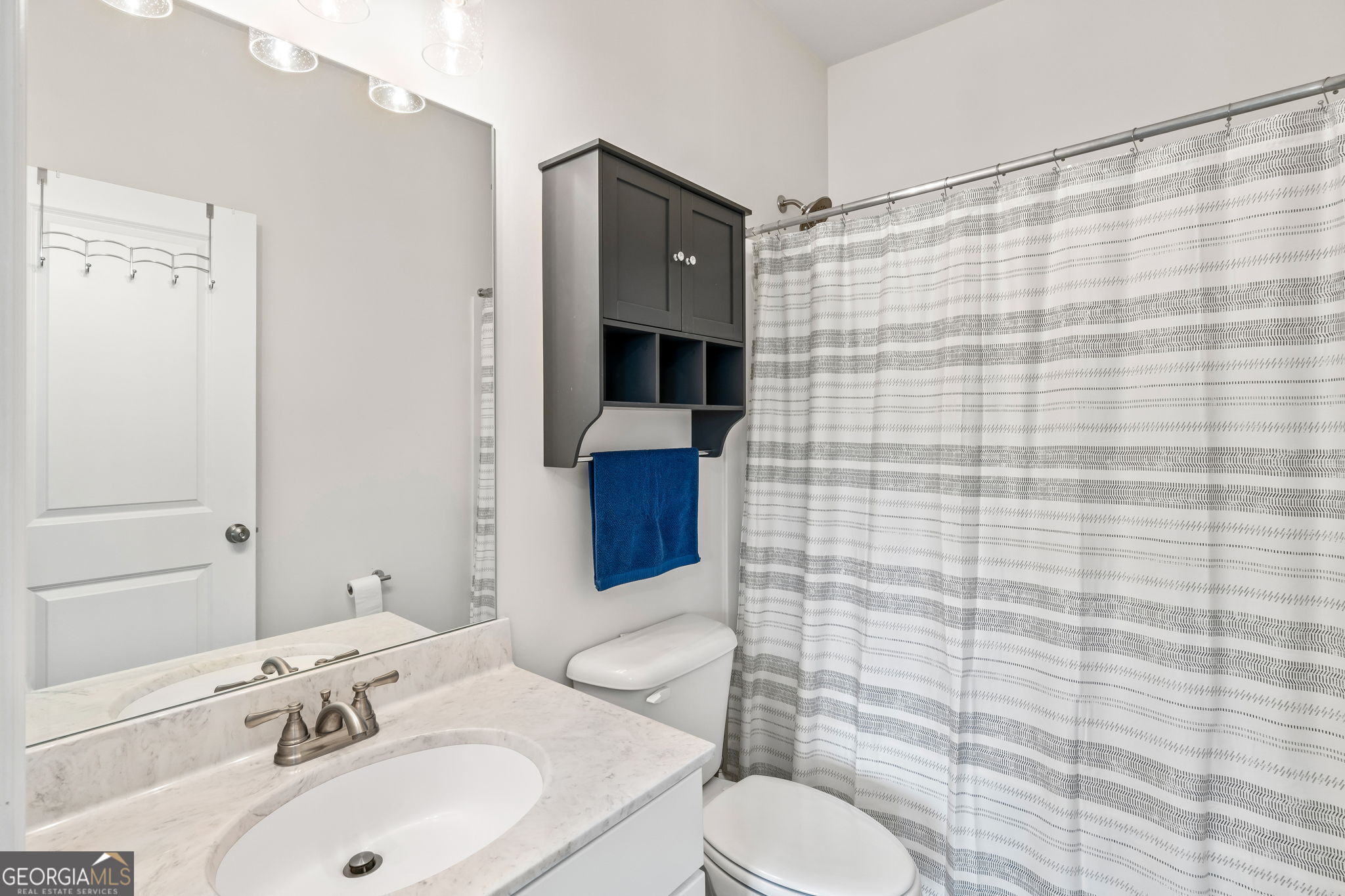 2884 Porches Lane Dacula, GA 30019 - Photo 25 of 41 a bathroom with a sink a toilet and shower curtain