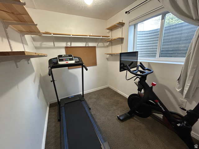 7659 State Street Midvale, UT 84047 - Photo 23 of 33 Exercise room featuring dark carpet and a textured ceiling