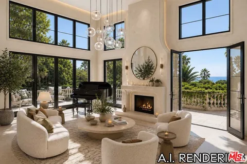 a living room with furniture a fireplace and a large window