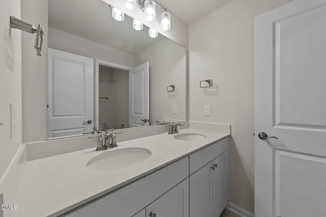 a bathroom with a sink double vanity and a mirror