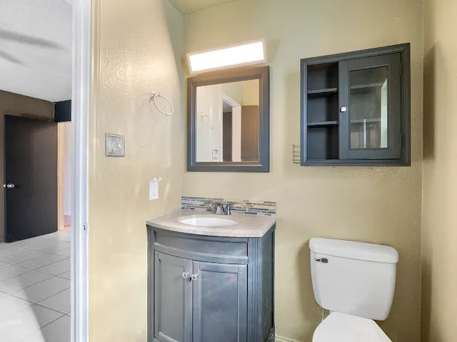 a bathroom with a toilet sink and mirror