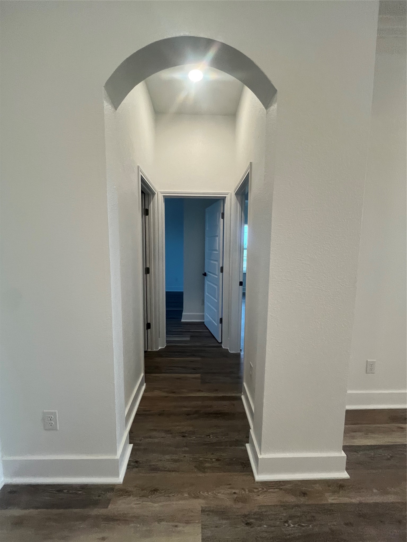33416 FM 521 Road Angleton, TX 77515 - Photo 17 of 20 This photo shows a hallway with an arched entryway, leading to multiple rooms. It features white walls, medium gray/wood water proof plank flooring, and modern interior doors, creating a clean and contemporary look.