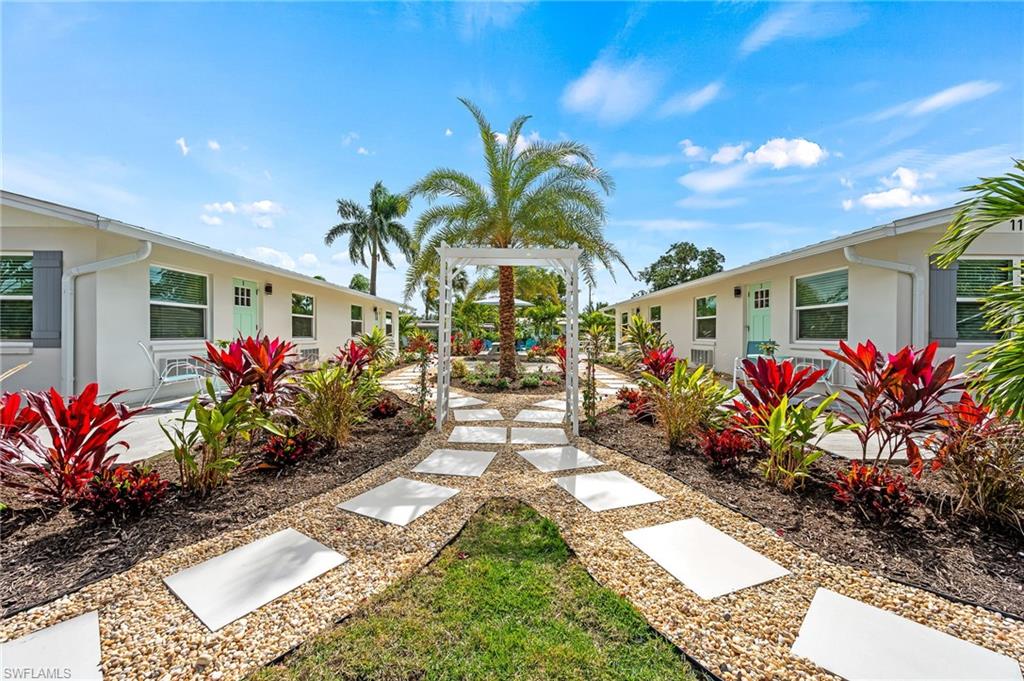 a view of a garden with flowers