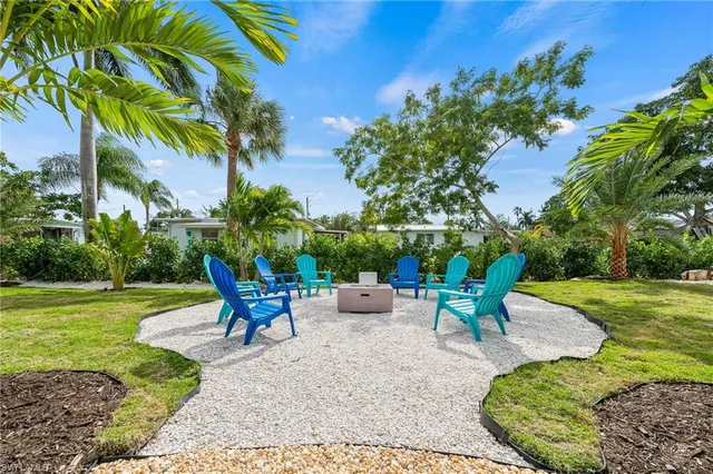 a backyard of a house with outdoor seating