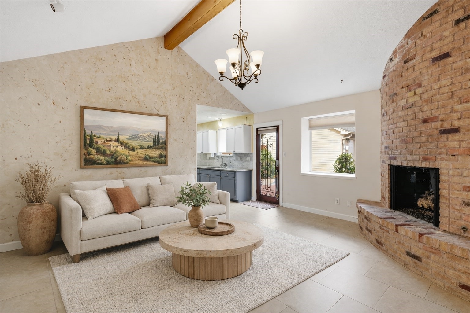 2003 Richvale Lane Houston, TX 77062 - Photo 8 of 29 a living room with furniture a fireplace and a chandelier