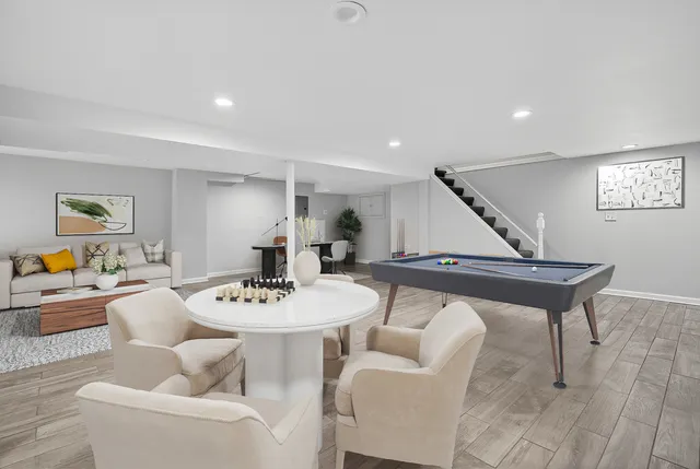 a view of a dining room with furniture