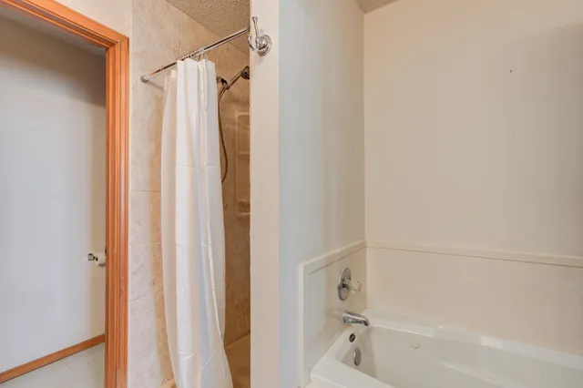 a bathroom with a shower and a tub