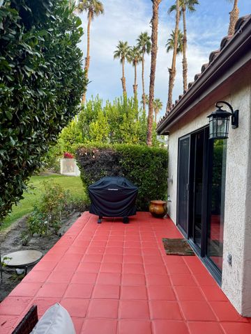a view of a backyard with plants and a patio