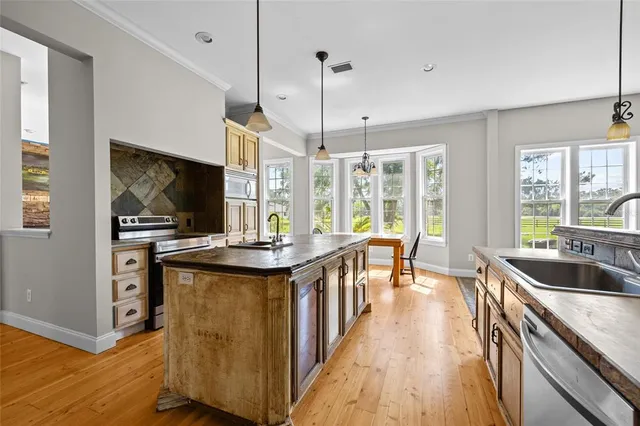 a kitchen with counter top space and wooden floor