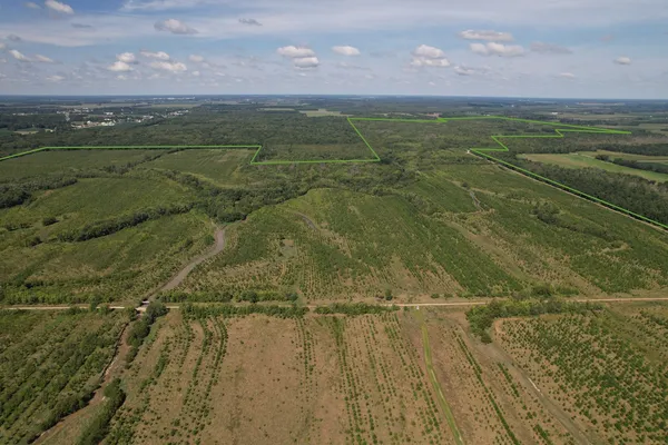 a view of a field with an ocean view