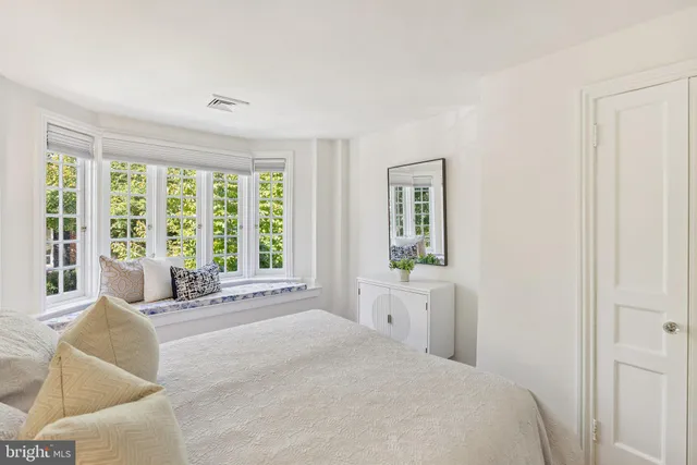 a spacious bedroom with a large bed and large windows