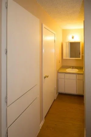 a bathroom with a sink a mirror and a bathtub