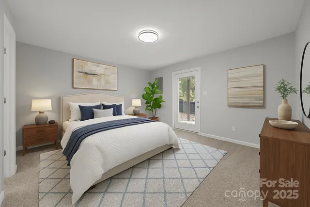 a bedroom with a bed and a couch