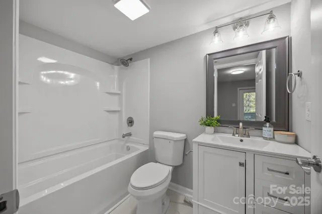 a bathroom with a toilet a sink a mirror a bathtub and vanity