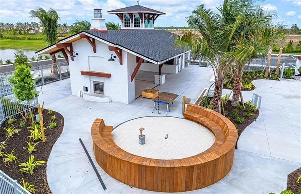 an outdoor space with seating