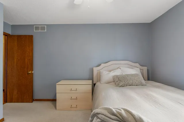 a bedroom with a bed and a cabinets