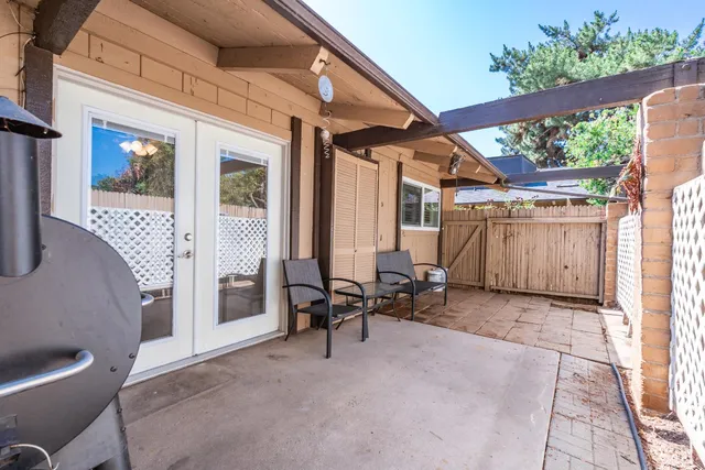 a view of a garden with a bench