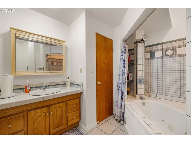 a bathroom with a tub sink shower and a mirror