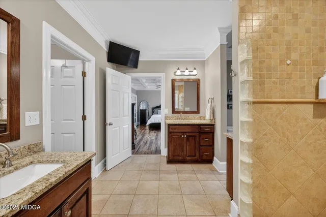 a view of a yard with large trees