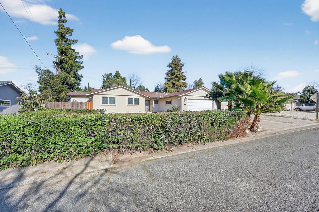 a view of a house with a yard and potted plants