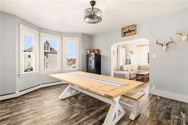 a view of a dining room with furniture